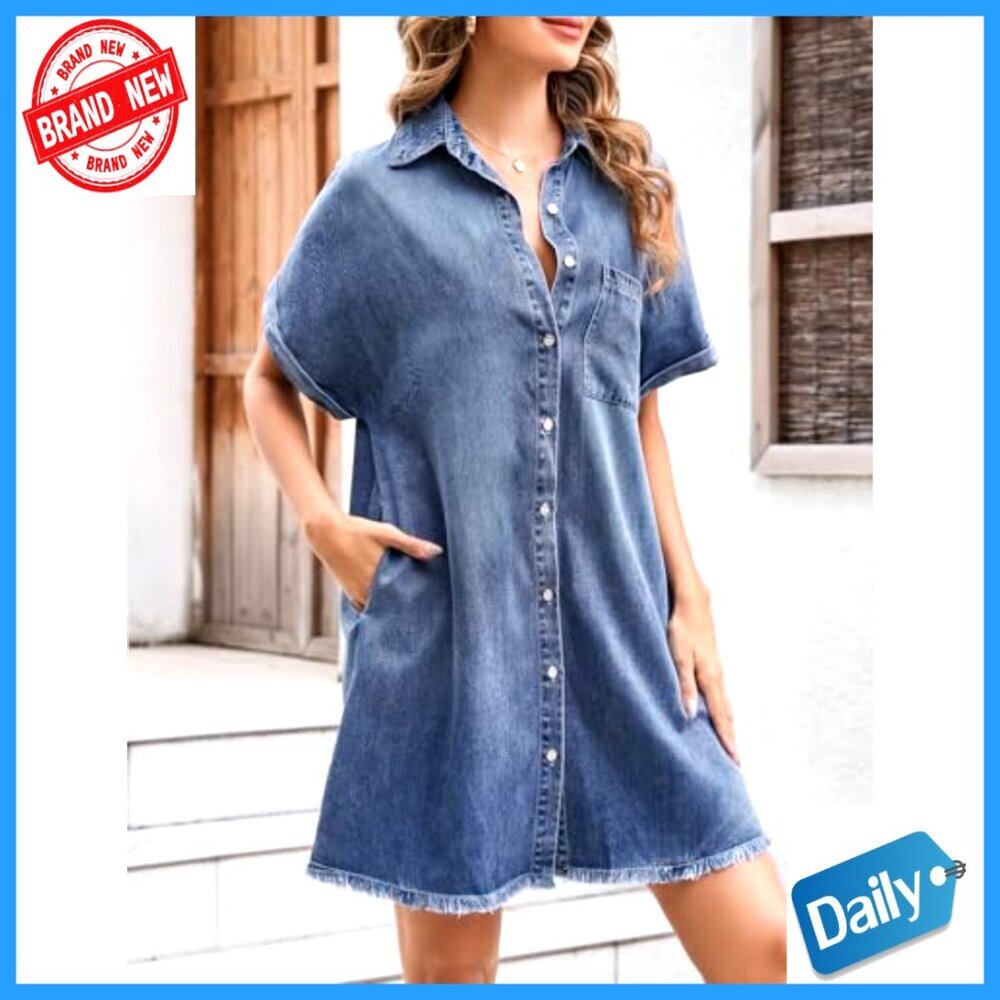 Midi Denim Dress Button Down Casual Western Fringe Hem - Picture 3 of 7